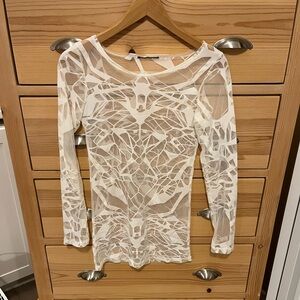 Mesh Symmetrical Geometric Patterned See Through Long Sleeve Top White